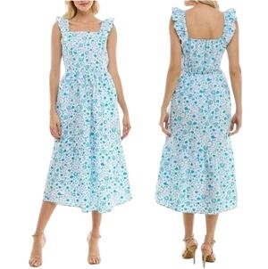 Draper James Contrasting Blue White Flutter Sleeve Cotton Midi Dress Size Medium